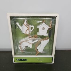 Smith & Hawken Ceramic Ornaments Garden Tools Watering Can Birdhouse Set/4 New